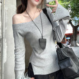 Vevesc Streetwear Skew Collar One Shoulder Tees Solid Vintage Knitted Harajuku Split Tops Grunge Slim Fit Women T-shirts Y2k Aesthetic