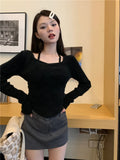 Vevesc Harajuku Solid Cropped Knitted Sweater Women 2024 Spring Autumn Square Collar Long Sleeve Y2k Korean Tight Slim-fit Jumper Tops