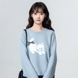 Vevesc Blue O Neck Sweaters Bow Pullovers Cartoon Cat Sueter Mujer Oversize Y2k Long Sleeve Preppy Style Japanese Women Sweet Kawaii