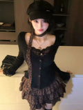 Vevesc Korean Sexy Two Pieces Set Women Irregular Lace Patchwork Grunge T-shirt + Y2k Aesthetic Mini Leopard Ruffle Skirts Cute Outfits