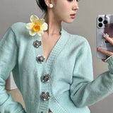 Vevesc Vintage 3D Rose V-neck Cardigan Coat Women Y2k Slim Waist Single Breasted Sweaters Early Autumn New Long Sleeve Tops Mujer