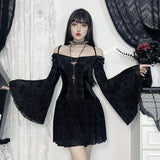 Vevesc Goth Black Lace Flocking Off-Shoulder Flared Sleeve Party Dresses Y2K Vintage Velvet Patchwork A-Line Mini Dress Women