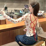 Vevesc Women Harajuku Printing Grunge Crop Thin Mesh Tops Y2k Aesthetic Vintage Backless Bandage Tees Slim Fit Streetwear Sweet Tshirts