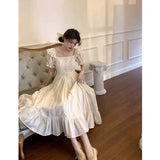 Vevesc Elegant Square Collar White Dress Summer Fashion Puff Sleeve Ruffle Dress for Women 2024 Chic Vintage Maxi Dresses 2024  New