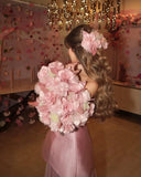 Vevesc Pretty Bloom Pink Long Evening Dresses A-line See Thru Women Maxi Gowns To Birthday Party 3D Flower Bridal Gowns