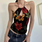 Vevesc Euramerican Fashion Popular Flower Constrast Color Print Tank Tops Personality Hollow Out Design All Match Tops Y2k Camisoler