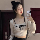 Vevesc Korean Luxury Temperament Two Piece Sets Design Women Clothes Spliced Bow Appliques Tank Tops Y2k Aesthetic Long U Neck Tops