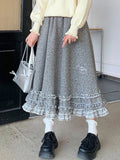 Vevesc Fashion Cute Skirts Plaid Ruffles Patchwork High Waist Design Long Skirt for Women Autumn Winter All Match Preppy Style Clothing