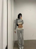 Vevesc Korean Long Sleeve Hoodie Knitted Coat Women+ Y2k Grunge High Waist Loose Wide Leg Pants 2024 Spring New Two Piece Sets