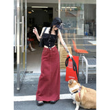 Vevesc S-3Xl Vintage Slit Denim Midi Skirts Women Y2K Red High Waist Wrap Jean Skirt Summer Korean Sexy Split Slim A Line Faldas