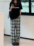 Vevesc Harajuku Plaid Pants Women Casual Wide Vintage Korean Style White Checked Trouser Thin Home Pants Chic Female Streetwear