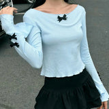 Vevesc Y2k Aesthetic Solid Slim Women Sweet T-shirt Vintage Flare Sleeve Streetwear Grunge Tshirts Harajuku Autumn Bow Tees Femme