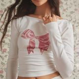 Vevesc Sweet Bow Printed Bodycon Crop Top Korean Style Summer Tee Shirts for Women Coquette Clothes Cutecore Backless Girls
