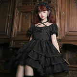 Vevesc Thorn Rose Dark Gothic Lolita Dress Original Short Sleeves OP Three Section Solid Color Lo Princess Dress in Stock