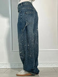 Vevesc  Chic Rhinestone Women's Jeans Y2k Street Oversize Loose Shining Female Wide Leg Pants 2025 Spring Summer Lady Denim Trousers