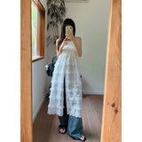 Vevesc  Y2K Lace Hollow Out Midi Dress Women Fairy Ruffles Dresses Vacation Beach Korean Fashion Sexy Strap Split A Line Vestidos