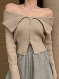 Vevesc Slash Neck Vintage Solid Fashion Coats Off Shoulder Elegant Double Zipper Sweaters Autumn Grunge Women Slim Cropped Cardigan Y2k