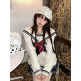Vevesc Preppy Style Kawaii Knitted Pullover Women Sweet Elegant Sailor Collar Sweaters Bow Patchwork Japanese Vintage Pullover