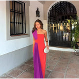 Vevesc  Fashion Patchwork Color Collision Dresses Chic Off Shoulder Sleeveless Pleated Robes New Female Summer Vacation Beach Vestidos
