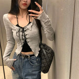 Vevesc Korean Two Piece Suit Suspender Cardigan Women's Autumn Sexy V-neck Slim Y2K Crop Long Sleeve Cross Bandage Knit Tops