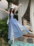 Vevesc  Sweet Plaid Long Dress Beach Style Women Elegant Lace Patchwork Korean Dress Fashion Slim Design Female Sexy Camis Vestidos