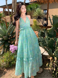 Vevesc Bohemian Dresses Woman Summer Green Strappy Sundress Female Fashion Casual Long Beach Sundress Chic Printed Boho Dress