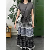 Vevesc Japanese Plaid Striped Ruched Patchwork Skirts Vintage Women Mid Length High Waist A-line Y2k Streetwear Cake Skirt