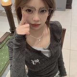 Vevesc Autumn Korean Commuter Slim Fake Two Piece Exquisite Embroidery Constrast Color Punk Vintage Girl Tops Y2k Aesthetic Clothes