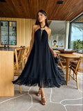 Vevesc  New Sexy Women Black Dresses Tassel Sleeveless Naked Waist Halter Dress Summer Party Evening Female Vestidos