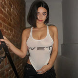 Vevesc Sexy See-ThroughLetter Print White Crop Top Shirt Streetwear Summer 2024 Y2K Clothes For Women Tank Tops