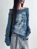 Vevesc Autumn Harajuku Women Printing Tees Vintage Streetwear Grunge Skew Collar Tops Y2k Aesthetic Loose Casual Hiphop Vintage Tops