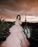 Vevesc Beautiful Light Pink Fluffy Tiered Tulle Bridal Dresses Voluminous Tulle Maxi Gowns Romantic Wedding Gowns