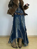 Vevesc Women Denim Skirt Y2k Emo 2000s Clothes Long Skirt Harajuku Korean 90s Fashion Vintage Gradient A-line Jean Skirt Grunge Clothes