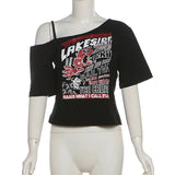 Vevesc  Single Shoulder Graphic T Shirts For Women Streetwear Hollow Out Y2k Clothes Short Sleeve Crop Top Ropa De Mujer Slim Camisetas