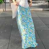Vevesc  Boho Chic Floral Print Cotton Maxi Skirt Women Y2K Streetwear Lace-up A-line Long Skirt Korean Fashion Holiday Style