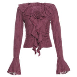 Vevesc New Autumn Ruffle Vintage Harajuku Hole Shirts Y2k Aesthetic Solid Streetwear Long Flare Sleeve Blouse Punk Korean Clothes