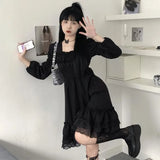 Vevesc 2024 Spring New Ruffles Lace Black Dresses Elegant Square Collar Dress for Women Y2k E-Girl Long Sleeve Loose Vestidos Mujer