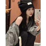 Vevesc Y2k Grunge Cross Crop Grey Denim Jackets Women Hippie Streetwear 90s Oversize Zip Jackets Harajuku Kpop Coat Female