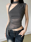 Vevesc Sexy Streetwear Gauze Vintage Skew Collar Tank Women Y2k Aesthetic Irregular Tops Summer Grunge Bandage Fairy Crop Camisoles