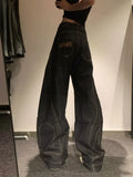 Vevesc Black Womens Jeans High Waist Vintage Design Hip Hop Straight Baggy Denim Pants Street Y2K American Style Wide Leg Denim Trouser