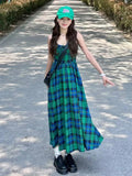 Vevesc  Fashion Vintage Dresses Plaid Bandage Patchwork Sleeveless Design Summer Tank Dress Female Slim Elegant Women's Clothing