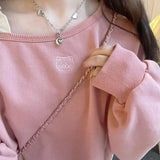 Vevesc Sweet Pink Cropped Hoodies Women Y2K Off Shoulder Cat Embroidery Print Sweatshirt Kawaii Loose Drawstring O Neck Pullover