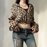 Vevesc Korean Sexy Y2k Leopard Print Crop Jacket Streetwear Casual Loose Vintage Zipper Tops Vintage Autumn Hooded Coats Women Harajuku