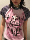 Vevesc Japanese Y2k Style Crop T Shirts Women Harajuku Striped Kawaii Cartoon Graphic Tees Vintage Kitten Print Short Sleeve Tees