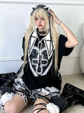 Vevesc Japanese Sexy Hollow Out T-shirt Women Embroidery Lace Cross Patchwork Graphic T Shirts Y2k Tee Black Fairy Grunge Gothic Tops