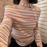 Vevesc American Retro Stripes Scarf Tops Mujer Y2k Sexy Off Shoulder T-shirt for Women Early Autumn New All-match Tee Shirt