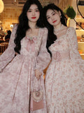 Vevesc Spring Pink Floral Elegant Dress Women Bandage Lace Print Sweet Vintage Dress Puff Sleeve Kawaii Dress Women Princess Fairy