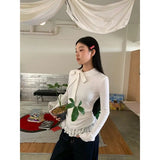 Vevesc Fairycore T-shirt Woman Long Sleeve Lace Up Bow Tees Female Clothing 2000s Clothes Y2k Solid Autumn Tops Casual T Shirt
