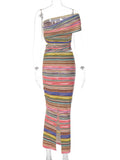 Vevesc Oblique Shoulder Striped Backless Maxi Dress For Women Off-shoulder Sleeveless Bodycon Irregular Sexy Long Dress