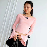 Vevesc Y2k Aesthetic Solid Slim Women Sweet T-shirt Vintage Flare Sleeve Streetwear Grunge Tshirts Harajuku Autumn Bow Tees Femme